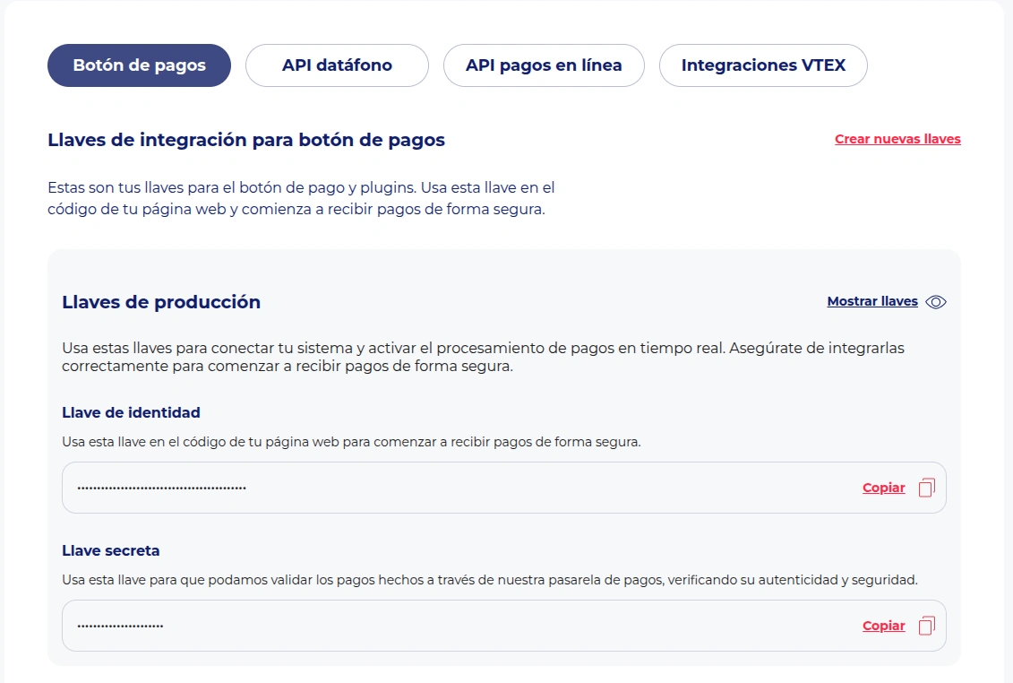 Llaves de integración Botón de pagos