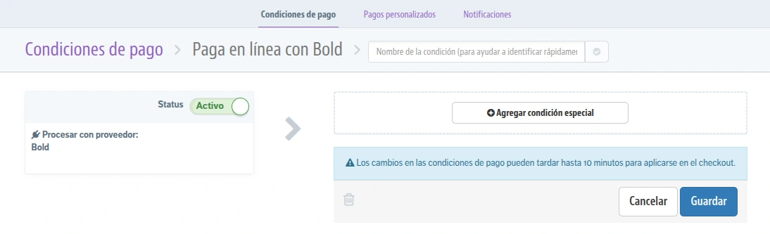 Guardar método de pago Bold