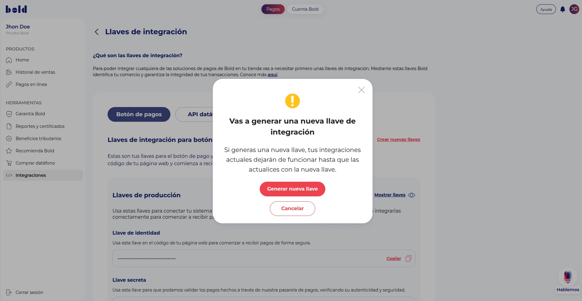 Generar una nueva llave de integración