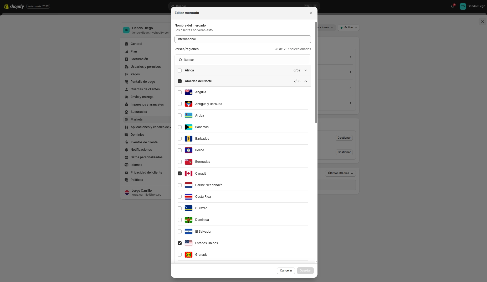 Crear mercado en Shopify