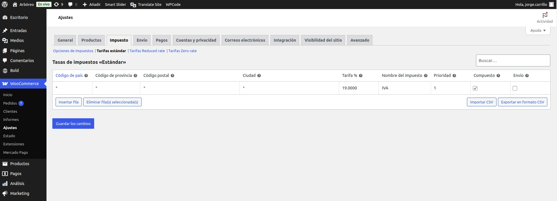 WooCommerce → Ajustes → Impuestos