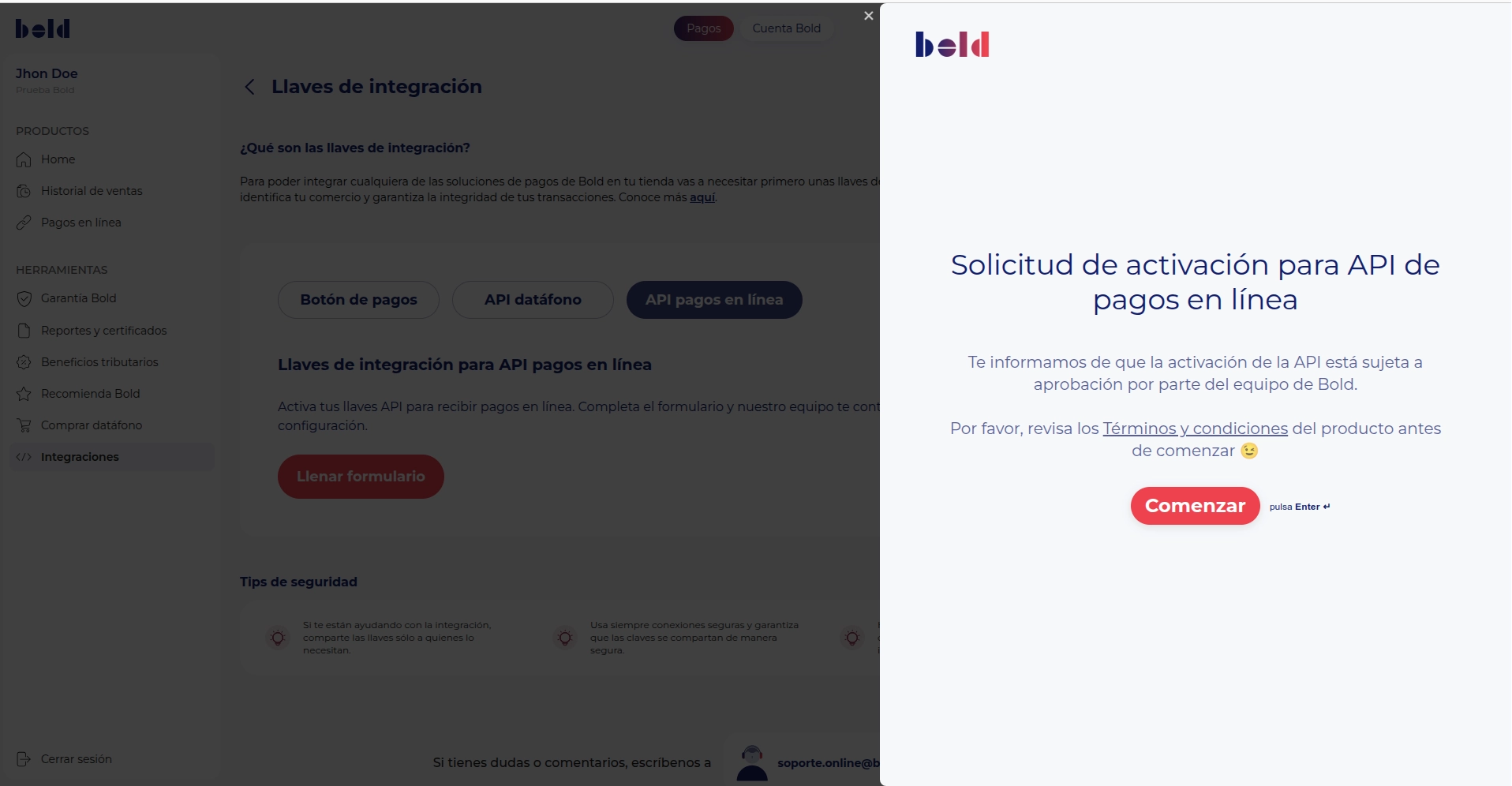 solicitar API pagos en línea